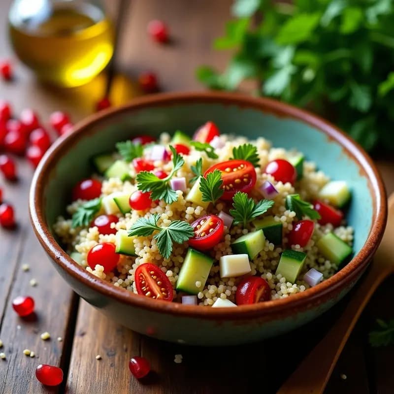 Ensalada taboulé salvaje con quinoa, semillas de granada, perejil y menta fresca, servida en bol de barro con aderezo de limón y sésamo tostado.