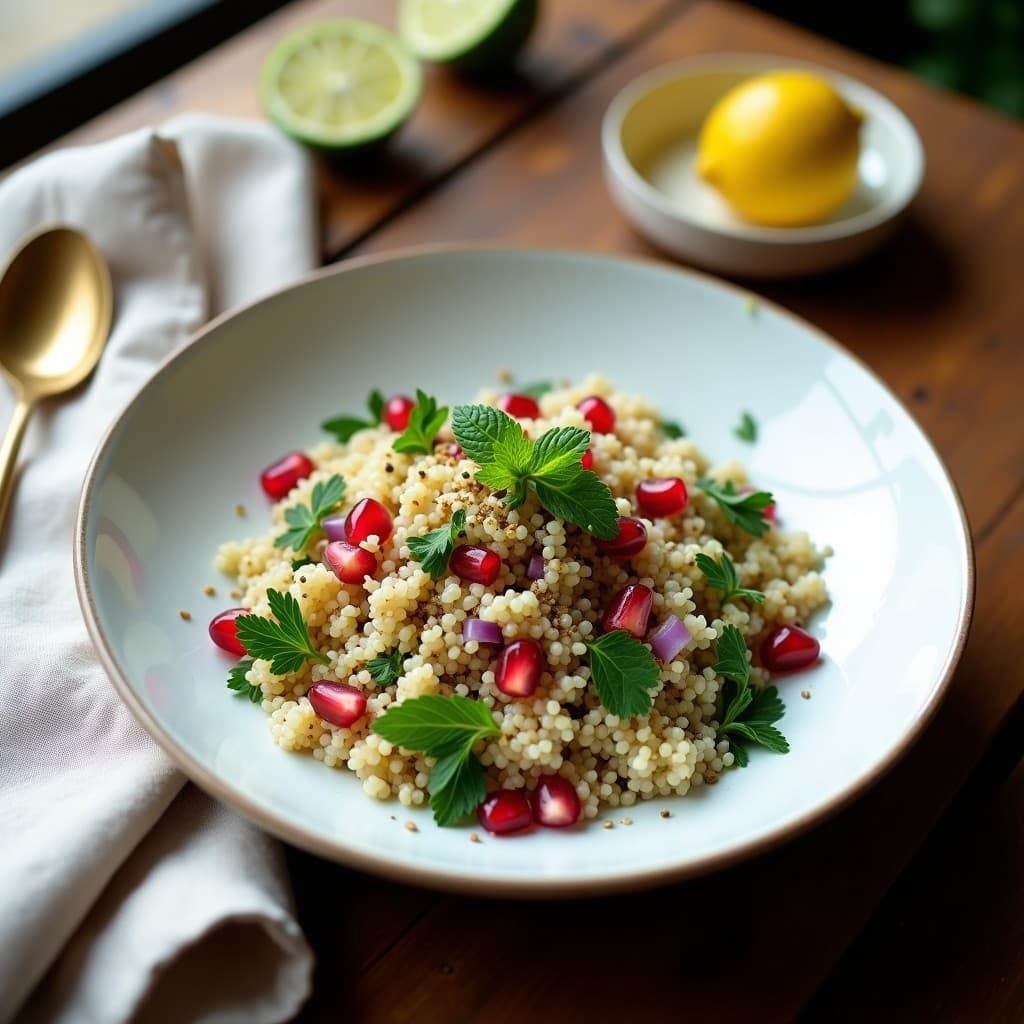 Tabule de quinoa y hierbas frescas con granada servido en un bol de cerámica blanca, con semillas de granada rojas brillantes, perejil y menta picados, y un toque de sésamo tostado. Plato colorido y fresco, típico de Oriente Medio, vegano y sin gluten.