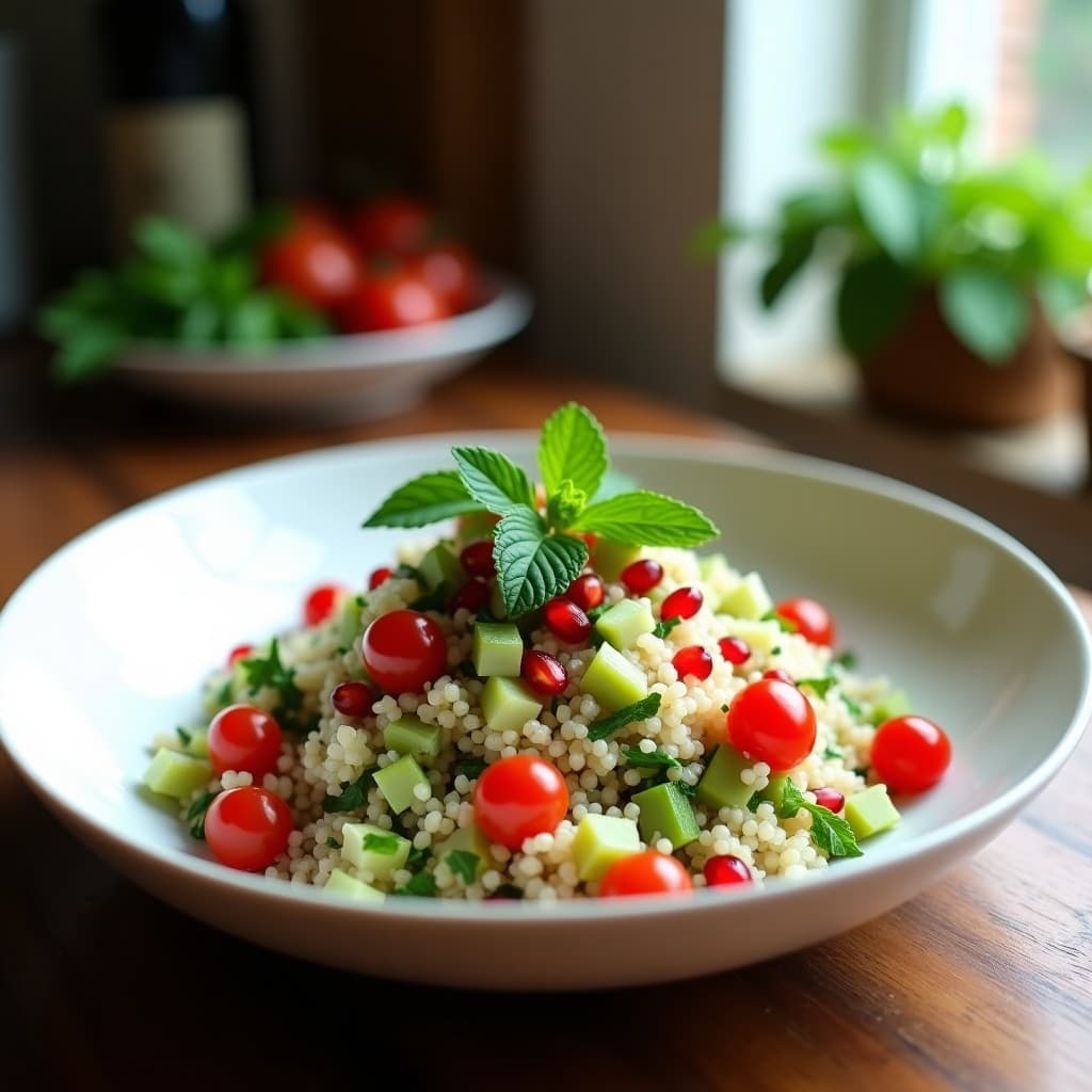 Bol de cerámica blanca con Tabule de Quinoa y Granado, ensalada libanesa fresca sin gluten. Quinoa esponjosa mezclada con perejil, menta, apio, cebolla morada y semillas de granado rojas brillantes. Decorado con hojas de menta y un chorrito de aceite de oliva sobre fondo rústico de madera.