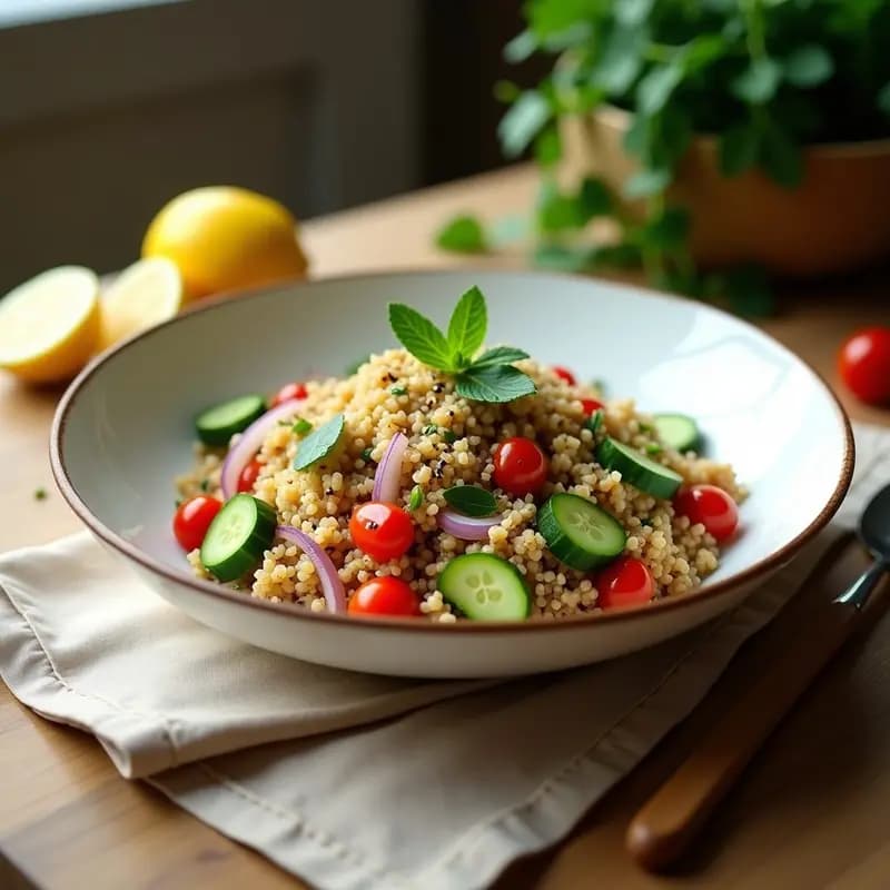 Plato hondo de cerámica blanca con tabule de quinoa con limón y mentas, decorado con semillas de sésamo y hojas de menta fresca, sobre un mantel de lino beige con rodajas de limón al lado.