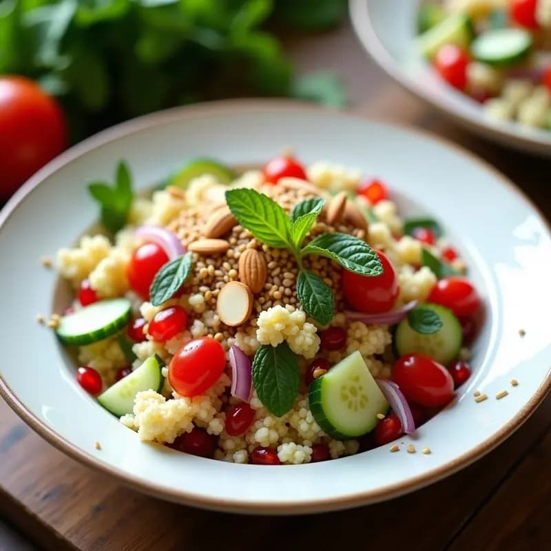 Tabuleh de coliflor y granado servido en un plato de barro blanco, con semillas de granado rojas brillantes, hojas de menta fresca y almendras fileteadas tostadas. Ensalada libanesa sin cereales y baja en calorías, con textura crujiente y colores vibrantes.