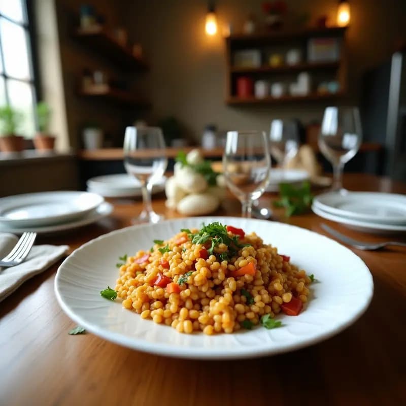 Ensalada Tabuleh libanés con trigo bulgur, semillas de granada rojas brillantes, limón confitado en rodajas y almendras tostadas, servida en un bol de cerámica blanca con decoración árabe, sobre una mesa de madera rústica con hierbas frescas al lado.