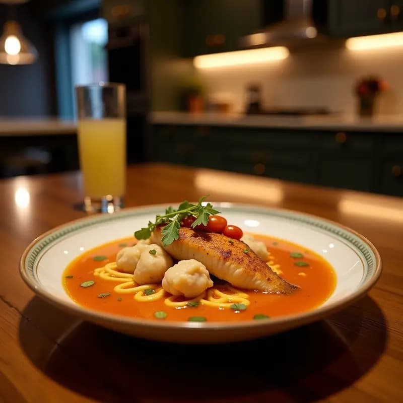 Olla de barro humeante con Tacacá de Gamitana, sopa amazónica peruana de color crema con trozos de yuca, filetes de pescado gamitana y hojas de chaya. Decorada con cilantro fresco y rodajas de limón, sobre un mantel de hojas de plátano.