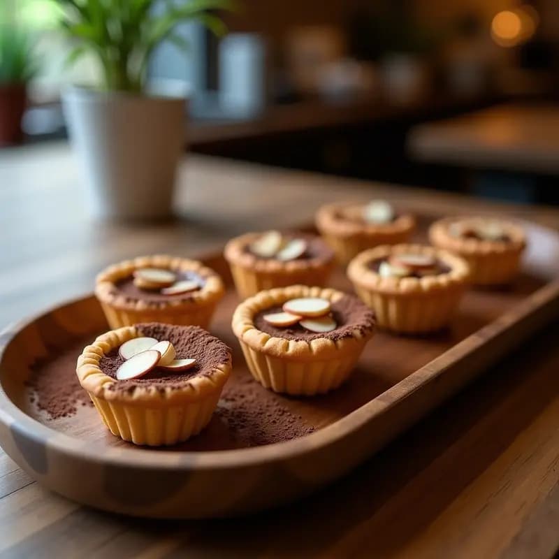 Seis tacitos crujientes de café moka en cápsulas de magdalenas, con base dorada de galleta y relleno cremoso de color marrón oscuro, decorados con almendras fileteadas y espolvoreados con café en polvo, sobre una bandeja de madera rústica.