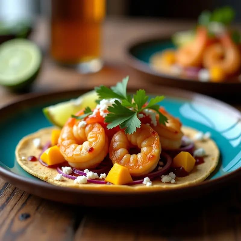 Taco de camarones al ajillo y mango en airfryer: tortilla de maíz azul crujiente rellena de camarones dorados, pico de gallo de mango y cebolla morada, queso fresco desmenuzado y salsa negra, servido en un plato rústico con hojas de cilantro.