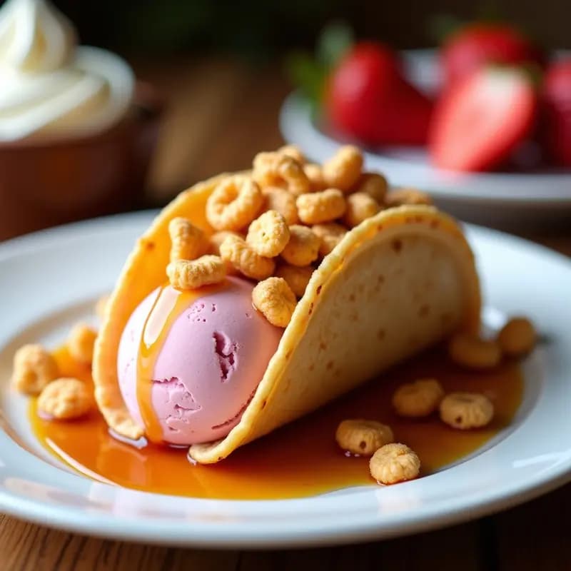 Taco de helado de fresa con crujiente de cereales azucarados y sirope de arce brillando, servido en plato blanco con fresas frescas y nata montada al lado.