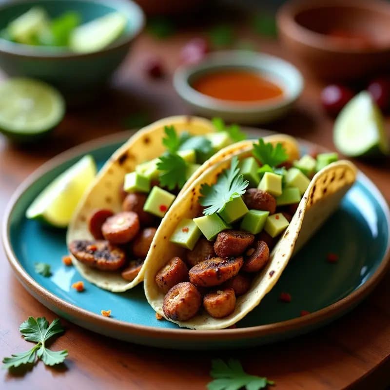 Taco abierto de maíz azul relleno de hongos ostra dorados en airfryer, bañados en adobo de chipotle, con aguacate en cubos y cilantro fresco. Plato mexicano vegano alto en fibra, servido sobre un mantel de barro rústico con limones y chipotles al fondo.