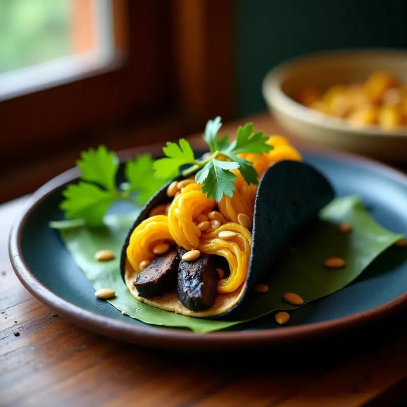 Taco de maíz azul abierto sobre hoja de plátano, relleno de huitlacoche negro y flor de calabaza amarilla salteada, bañado en salsa de chipotle cremosa, decorado con cilantro fresco y semillas de calabaza tostadas. Receta mexicana de autor con ingredientes prehispánicos.