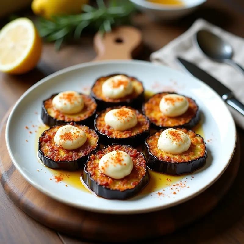 Plato de tacones de berenjena ahumada con queso de cabra vegano gratinado, crujientes por fuera y cremosos por dentro, decorados con pimentón ahumado y semillas de sésamo.