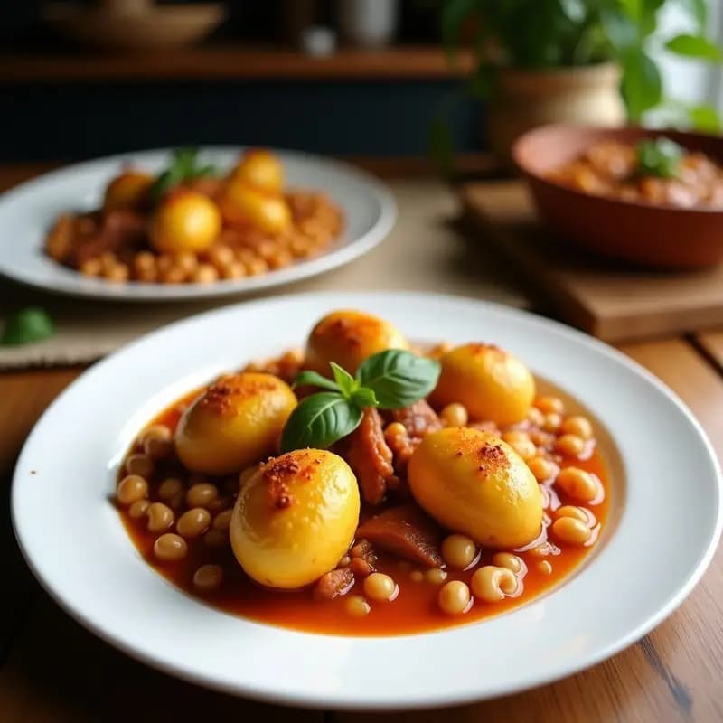 Plato hondo de barro con tacones cordobeses en olla lenta: garbanzos dorados, trozos de panceta ibérica, rodajas de chorizo y morcilla, bañados en un caldo espeso y aromático, servidos con pan rústico.