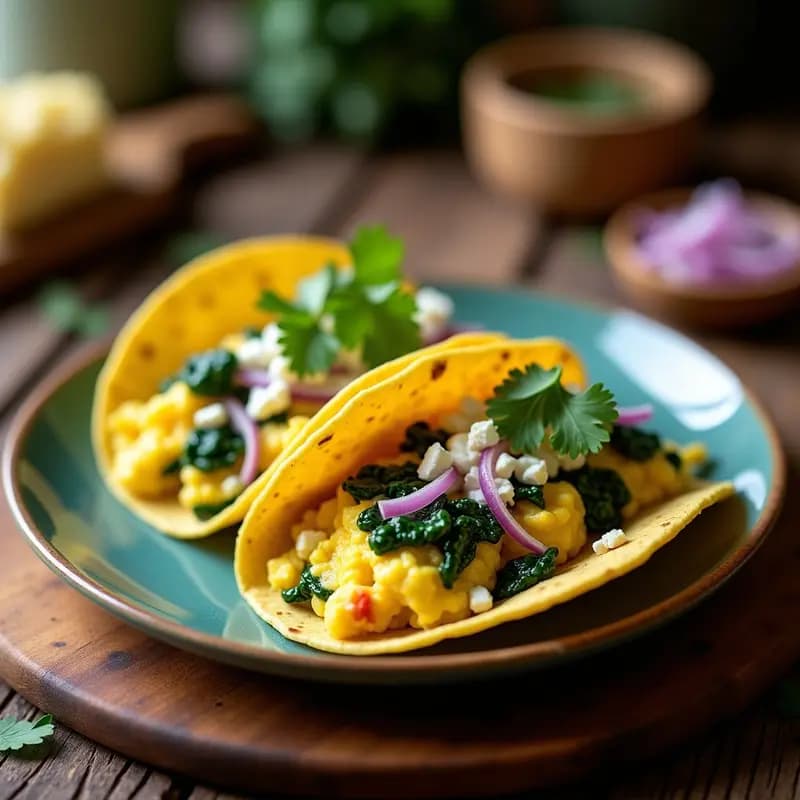 Tacos abiertos de maíz rellenos de huevos revueltos esponjosos con espinacas, cebolla morada y queso feta desmenuzado, sobre fondo rústico de madera. Receta de tacos en airfryer.