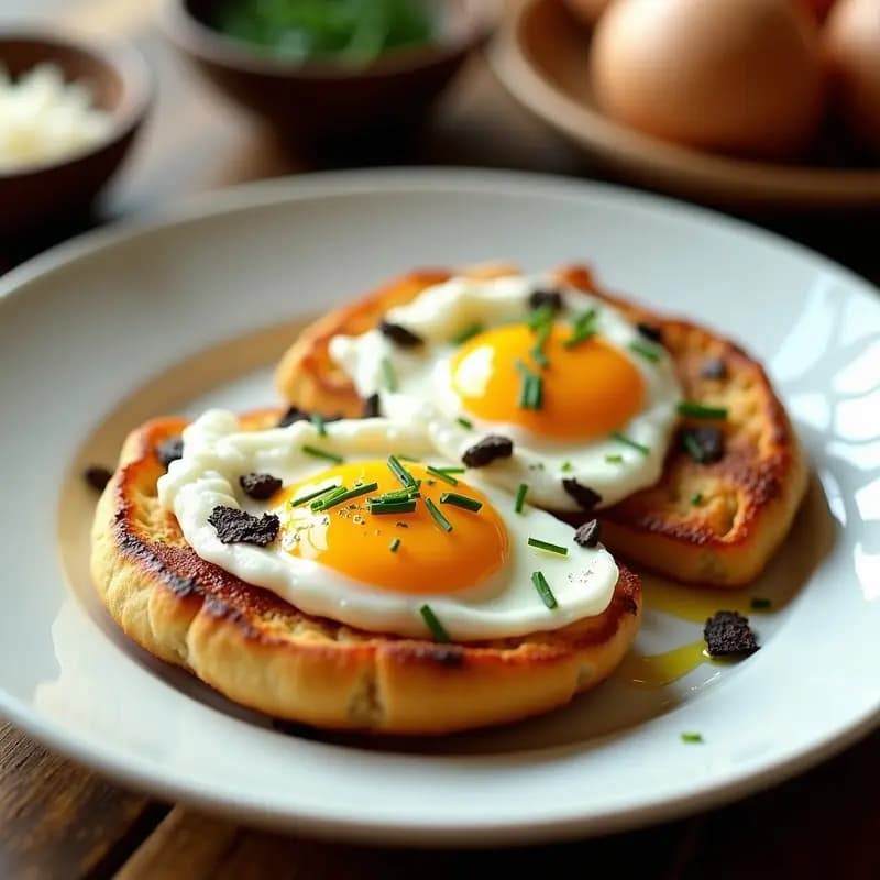 Tacones de pan dorado y crujiente con huevos trufados en su interior, yema líquida y virutas de trufa negra, servidos en plato blanco sobre fondo rústico de madera.