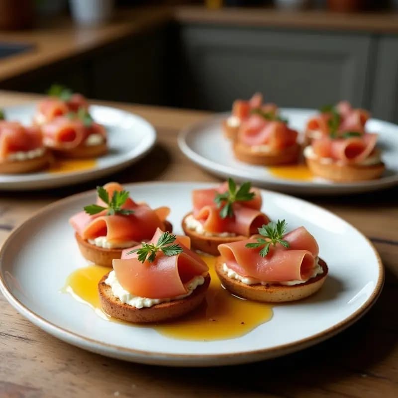 Plato de madera rústico con tacones ibéricos tostados, cubiertos de queso de cabra desmigado, rúcula fresca, nueces picadas y un hilo de miel de romero, receta de tapa gourmet rápida.