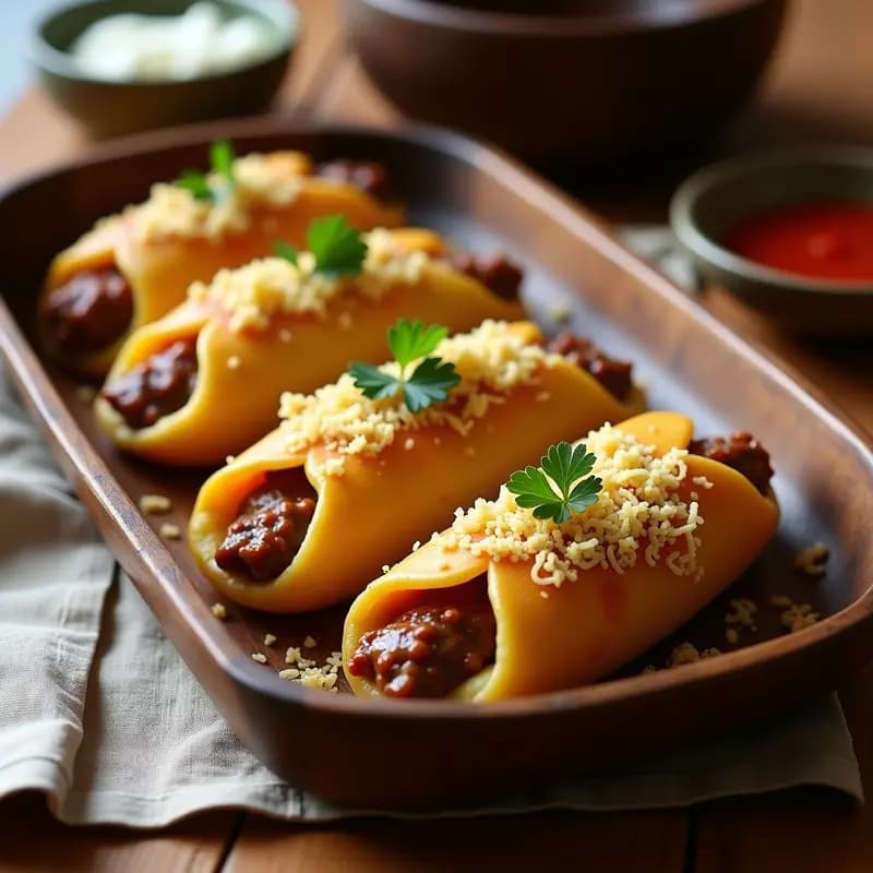 Plato de tacones de lleningas argentinas rellenos de carne picada, horneados con topping de queso dorado y servidos en una bandeja rústica de madera.