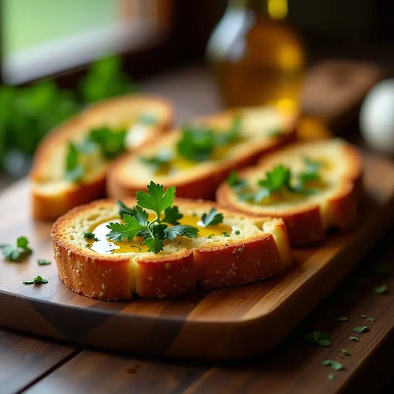 Tacones de pan dorados y crujientes con ajo y perejil sobre una tabla de madera rústica, receta tradicional española rápida.