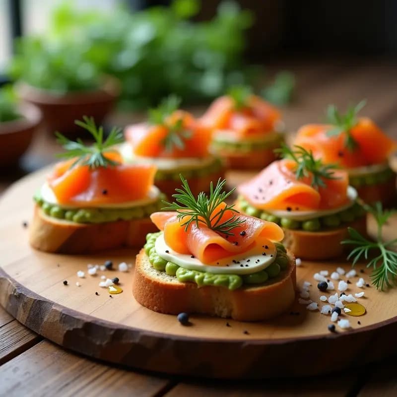 Tacones de pan de Benito tostado con capas de queso crema, aguacate machacado, salmón ahumado y decoración de rúcula y eneldo fresco sobre una tabla de madera rústica.