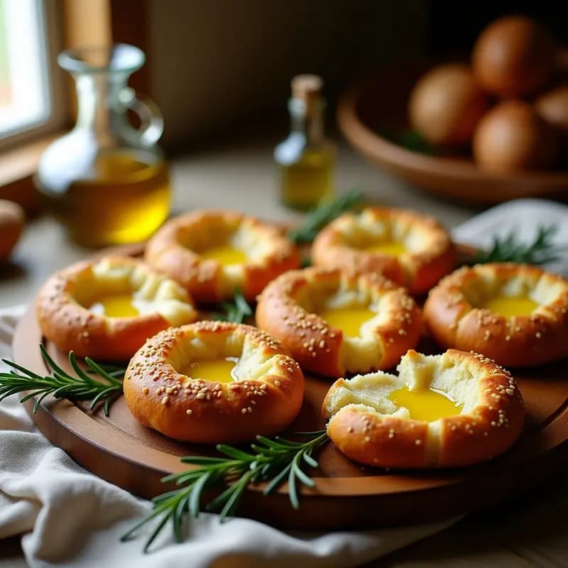 Tacones de pan casero dorados y crujientes con semillas de sésamo, aromatizados con romero fresco y aceite de oliva, servidos en una bandeja de madera rústica.