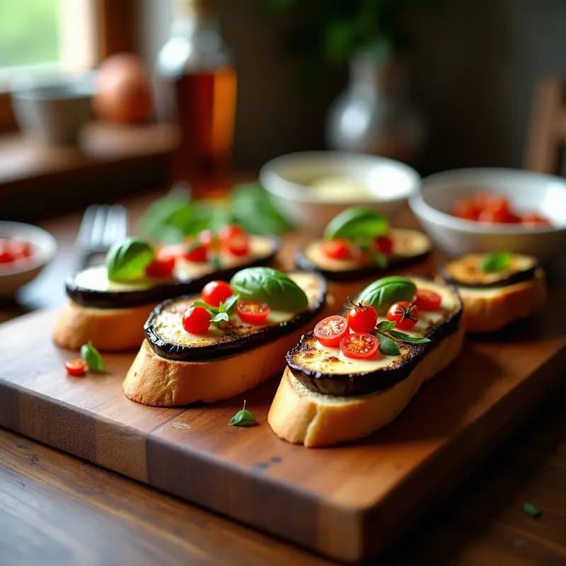 Tacones de pan rústico tostado con rodajas de berenjena asada dorada, alioli cremoso, tomate seco y hojas de albahaca fresca, servidos en una tabla de madera.