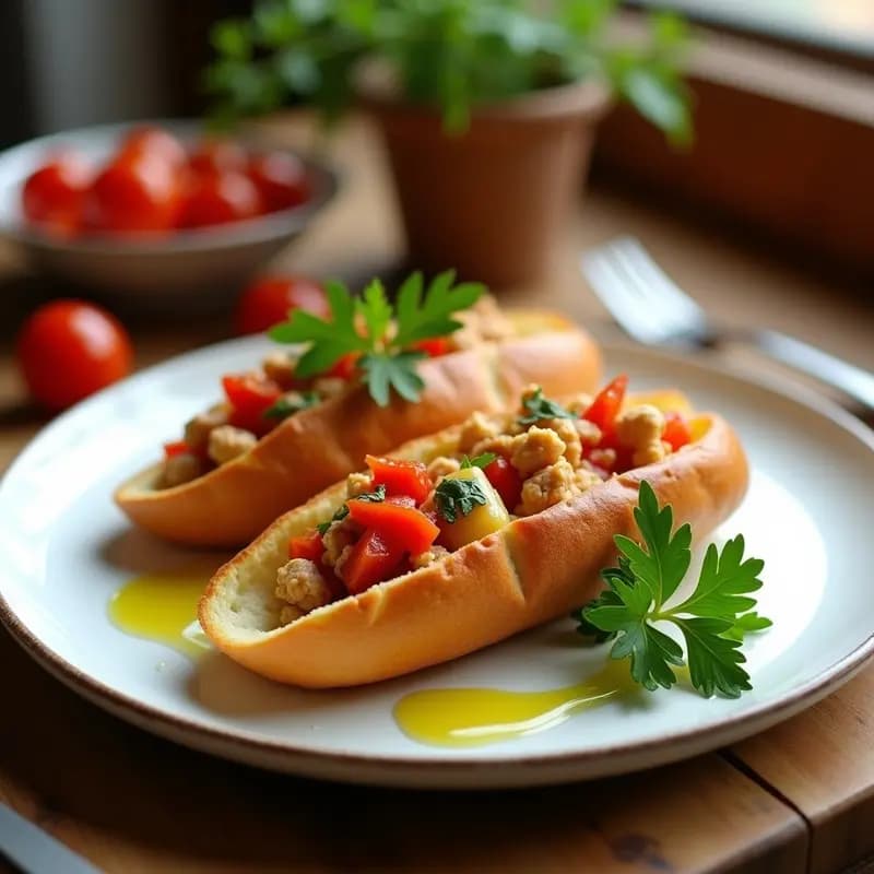 Tacones de pan casero dorados y crujientes rellenos de atún y pimientos del piquillo, servidos en un plato rústico con perejil fresco.