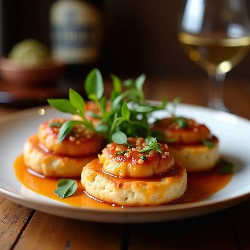 Tacones de pan castellano dorados y crujientes rellenos de morcilla y cebolla caramelizada, servidos en plato rústico de barro con perifollo fresco.