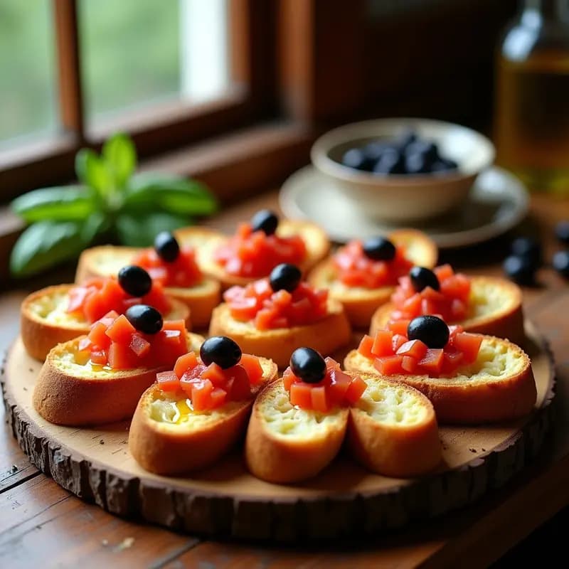 Tacones de pan dorados y crujientes sobre tabla de madera rústica, con topping de aceitunas negras y tomate rallado, receta tradicional andaluza rápida.
