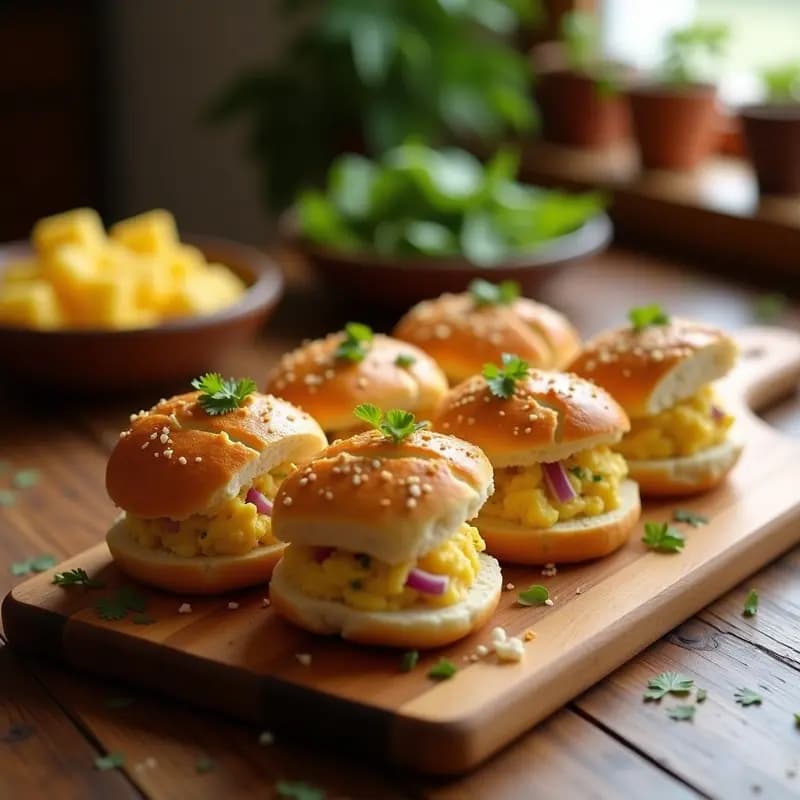 Tacones de panña dorados rellenos de atún y huevo, con perejil fresco espolvoreado, servidos en una tabla de madera rústica.