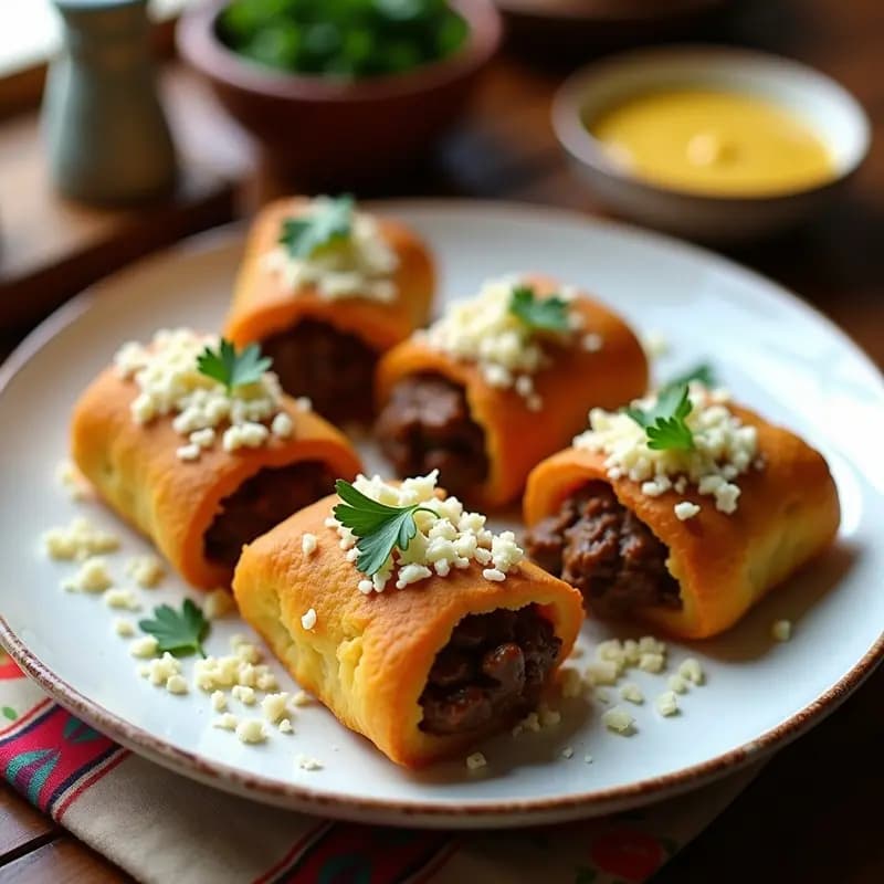 Tacones de papa dorados rellenos de carne picante, servidos en plato blanco con salsa criolla y perejil fresco, receta peruana tradicional.