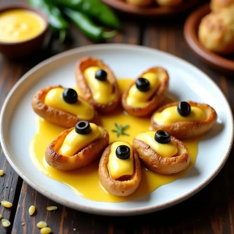 Tacones de papa amarilla rellenos de salsa huancaína cremosa, decorados con huevo duro picado y aceitunas negras, servidos en plato blanco rústico.