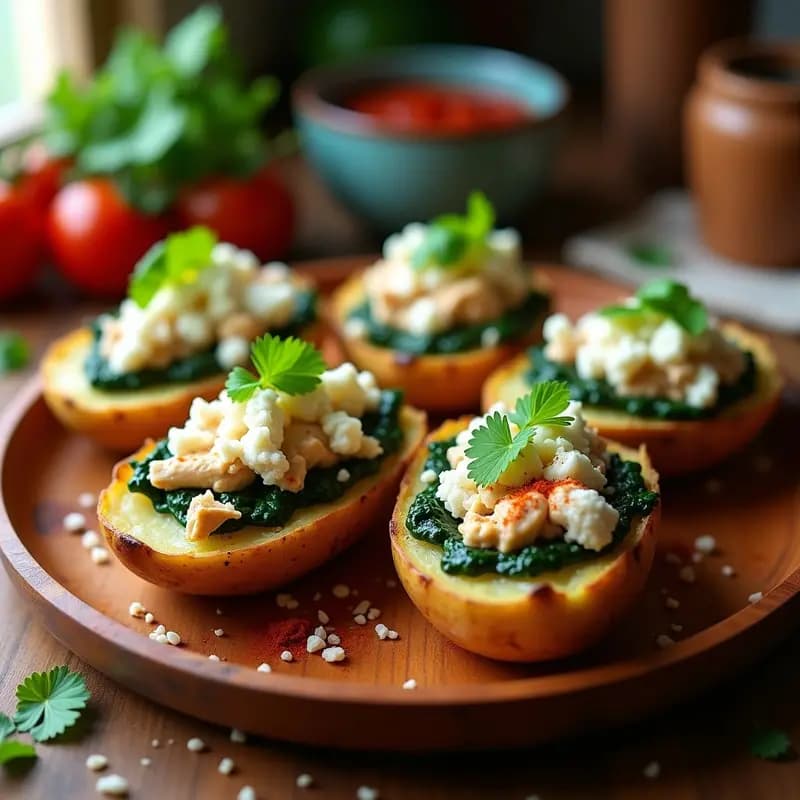 Tacones de papa dorados rellenos de pollo desmenuzado y espinacas, con queso fresco desmenuzado por encima, servidos en una bandeja rústica de madera.