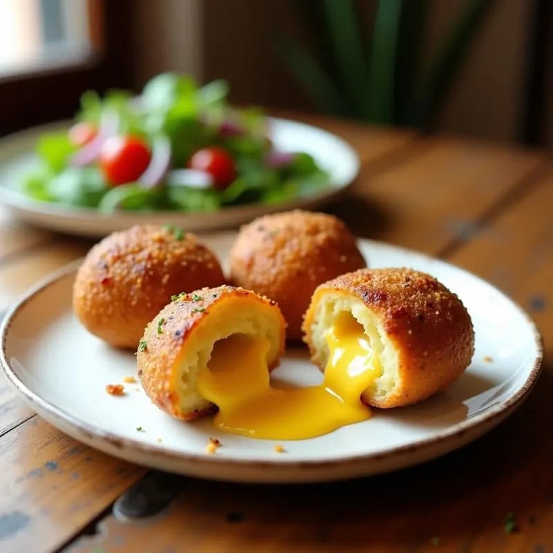 Tacones de papa dorados al horno, rellenos de queso ahumado fundido, servidos en un plato blanco con ensalada fresca de fondo, receta tradicional peruana fácil y reconfortante.