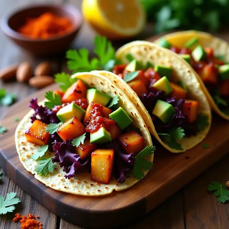 Tacos de maíz abiertos sobre una tabla de madera, rellenos de patatas doradas y ahumadas, aguacate en cubos, lechuga morada y salsa romesco espesa con almendras visibles. Fondo con especias y hierbas frescas.