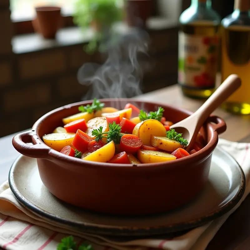 Cazuela de barro humeante con tacones de patata gallega, rodajas de chorizo dorado y perejil fresco, servidos sobre un mantel rústico de lino.