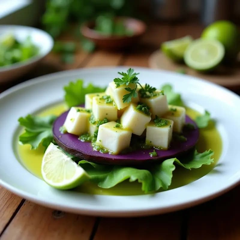 Plato de tacones de pescado blanco marinado en encurtido de limón verde, acompañado de rodajas de camote morada y hojas de lechuga, con cilantro fresco espolvoreado.