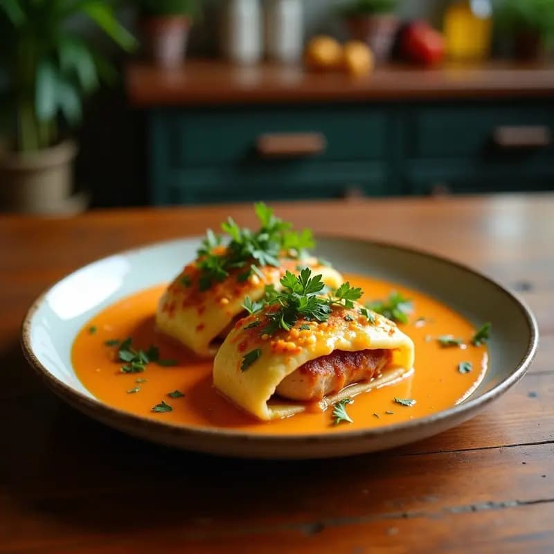 Plato de tacones de yuca dorados y crujientes rellenos de pollo especiado al estilo Curaçao, servidos con cilantro fresco y salsa criolla.