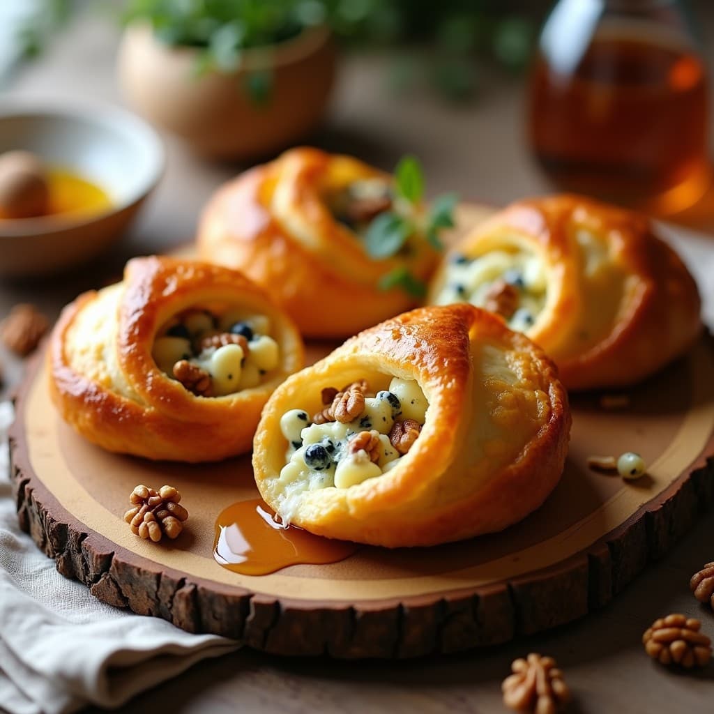 Tacones dorados y crujientes rellenos de queso azul cremoso y nueces picadas, servidos en una bandeja de madera rústica con un hilo de miel brillante.