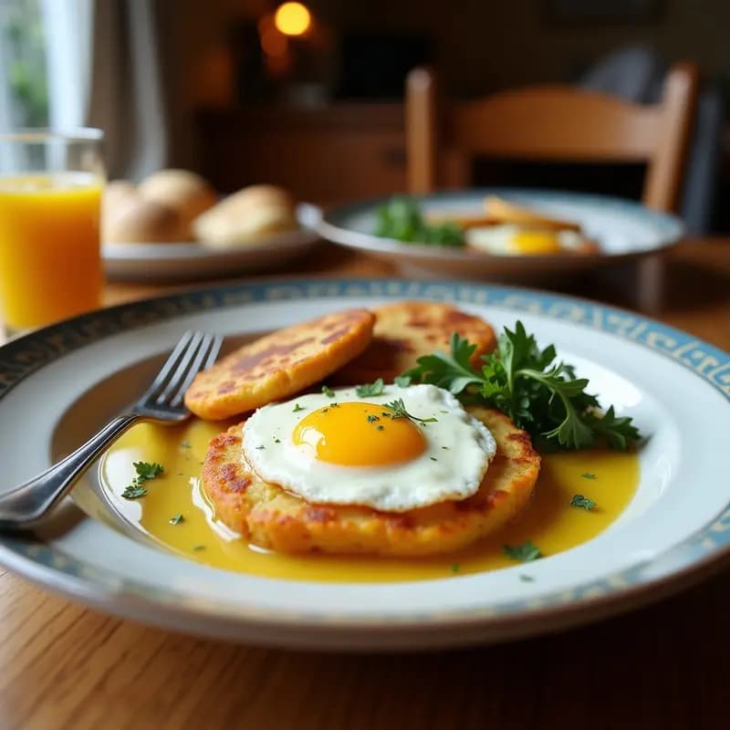 Plato rústico de tacones de Valladolid con rodajas de patata dorada y crujiente, coronadas por huevos fritos con yema líquida y espolvoreados con pimentón dulce.