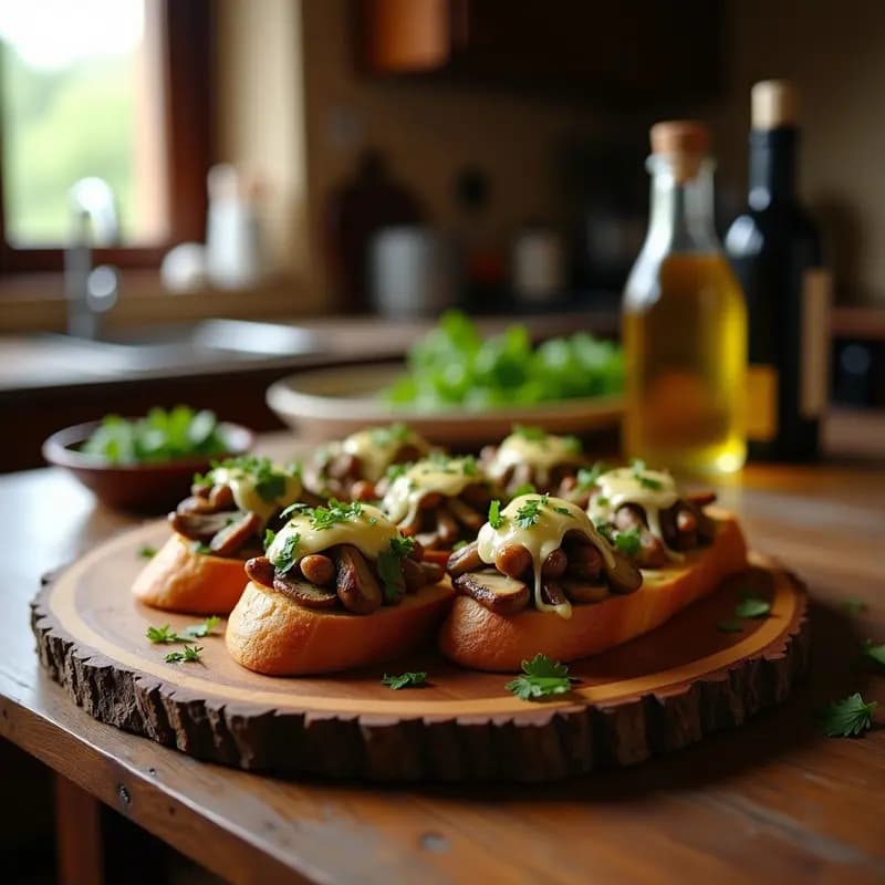 Tacones vallesanos gratinados en bandeja rústica de madera, con pan tostado dorado, hongos salteados y queso Idiazábal fundido, decorados con perejil fresco y aceite de oliva.