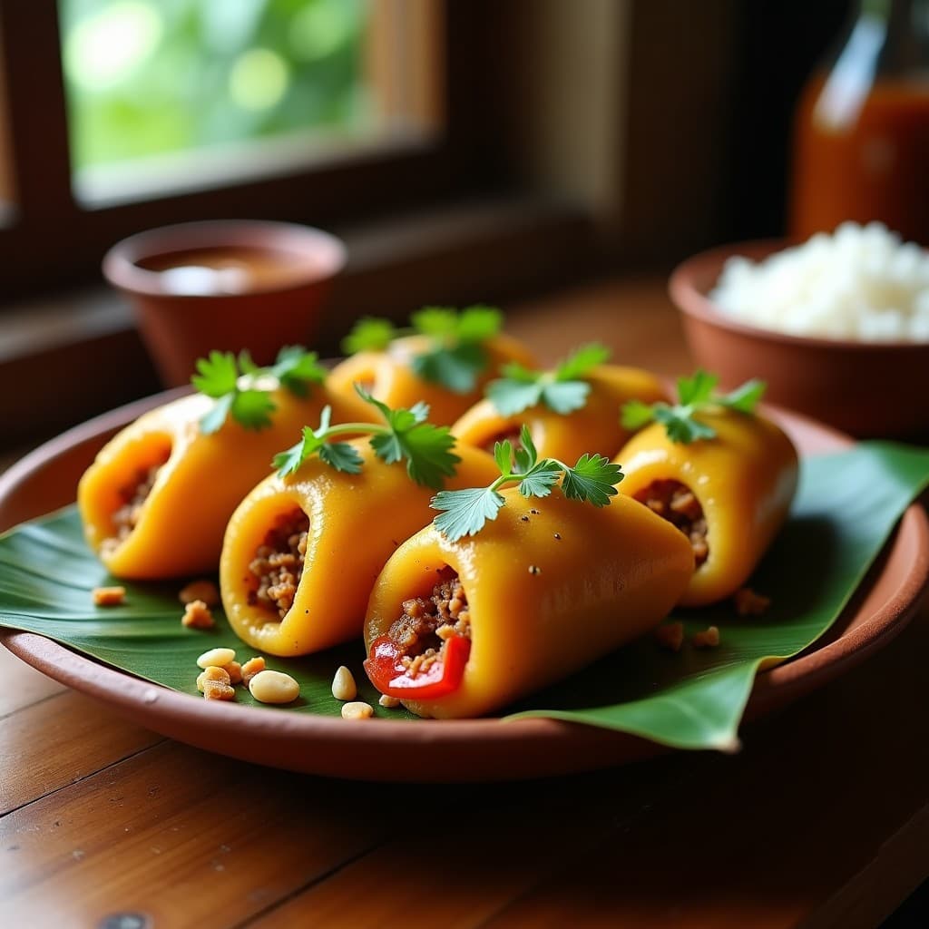 Plato de tacones de yuca dorados rellenos de carnitas de seitán jugosas, decorados con cilantro fresco, servidos en un plato de barro rústico con fondo de hojas de plátano. Receta vegana al estilo cubano en olla lenta.