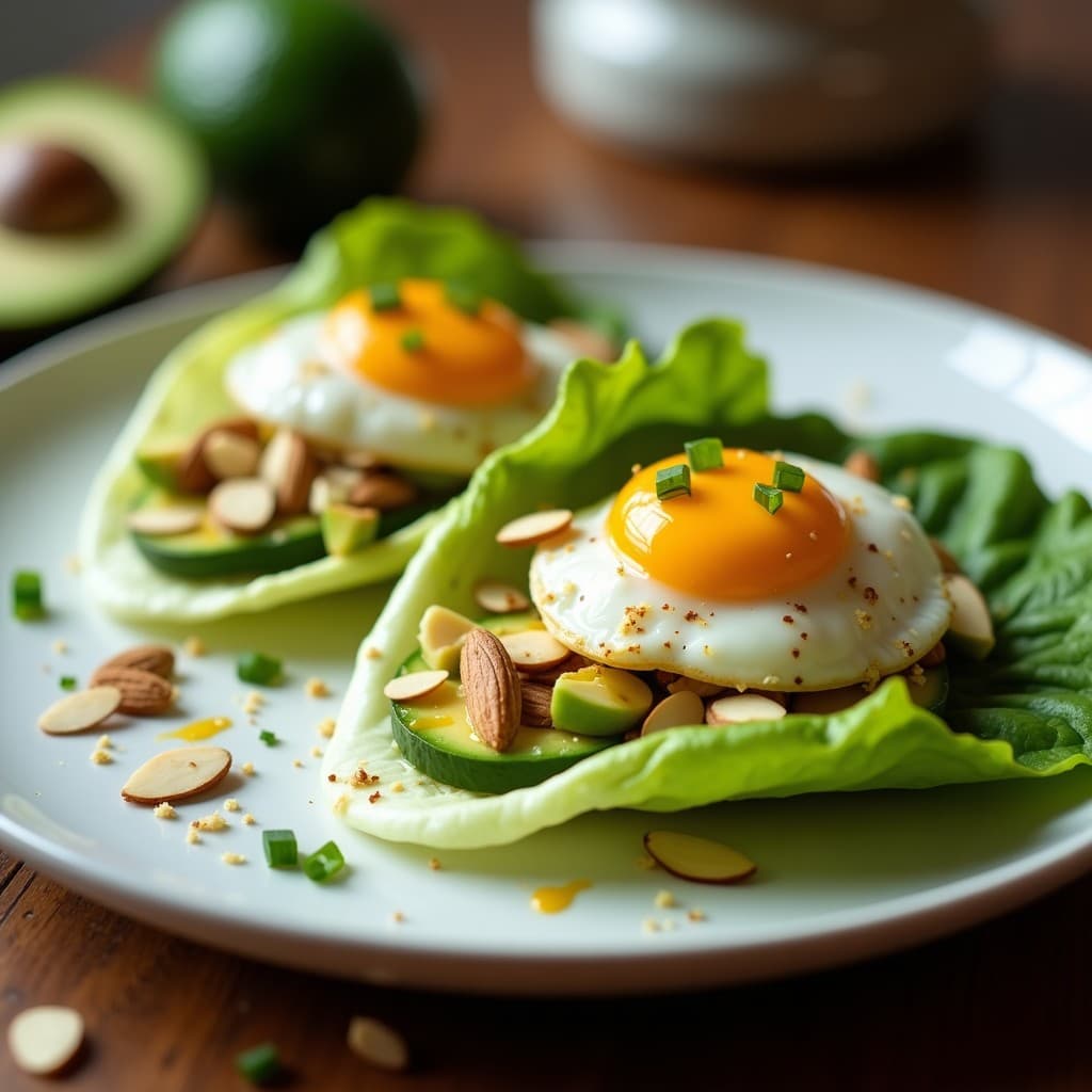 Tacos de abacate asado en airfryer con huevo poché, queso de cabra desmenuzado, rúcula y nueces picadas, servidos sobre piel de abacate con toque francés y hierbas provenzales.