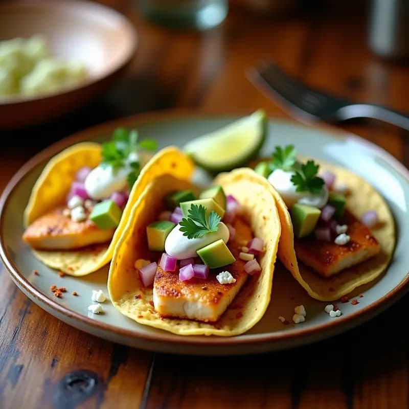 Plato con tacos ahumados de pescado blanco en tortillas de maíz, rellenos de cebolla morada, aguacate, queso fresco y crema agria, con decoración de cilantro fresco y fondo rústico.