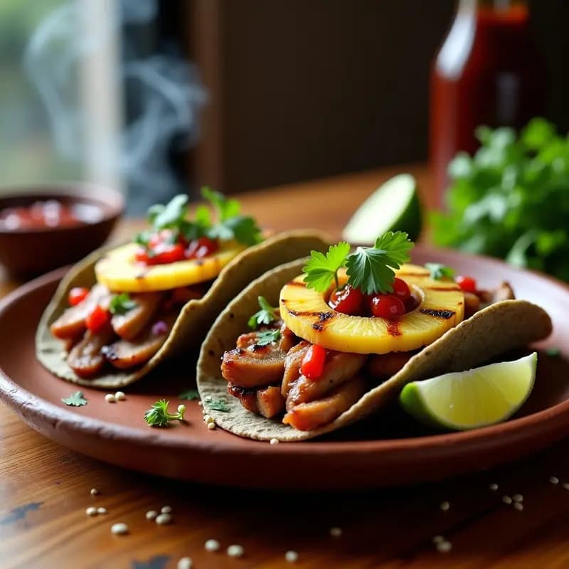 Tacos al pastor de cerdo marinada con piña asada en tortillas de maíz azules, acompañados de cebolla morada, cilantro fresco y salsa valentina negra, servidos en plato de barro rústico.