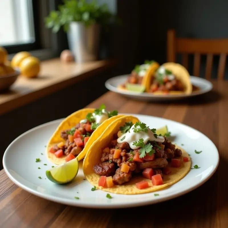 Tacos al pastor con piña y carne de cerdo en tupper hermético, con carne marinada en achiote, rodajas de piña caramelizada, cebolla morada y cilantro fresco, listos para llevar. Receta mexicana práctica y llena de sabor.