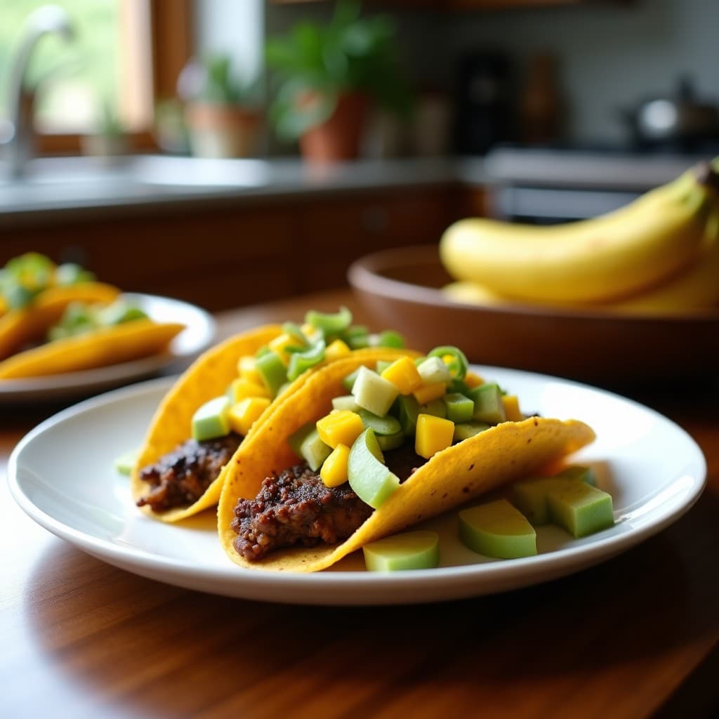 Tacos veganos de alga nori rellenos de aguacate y mango, con semillas de sésamo negro y hojas de menta, servidos en una tabla de madera oscura con fondo difuminado.
