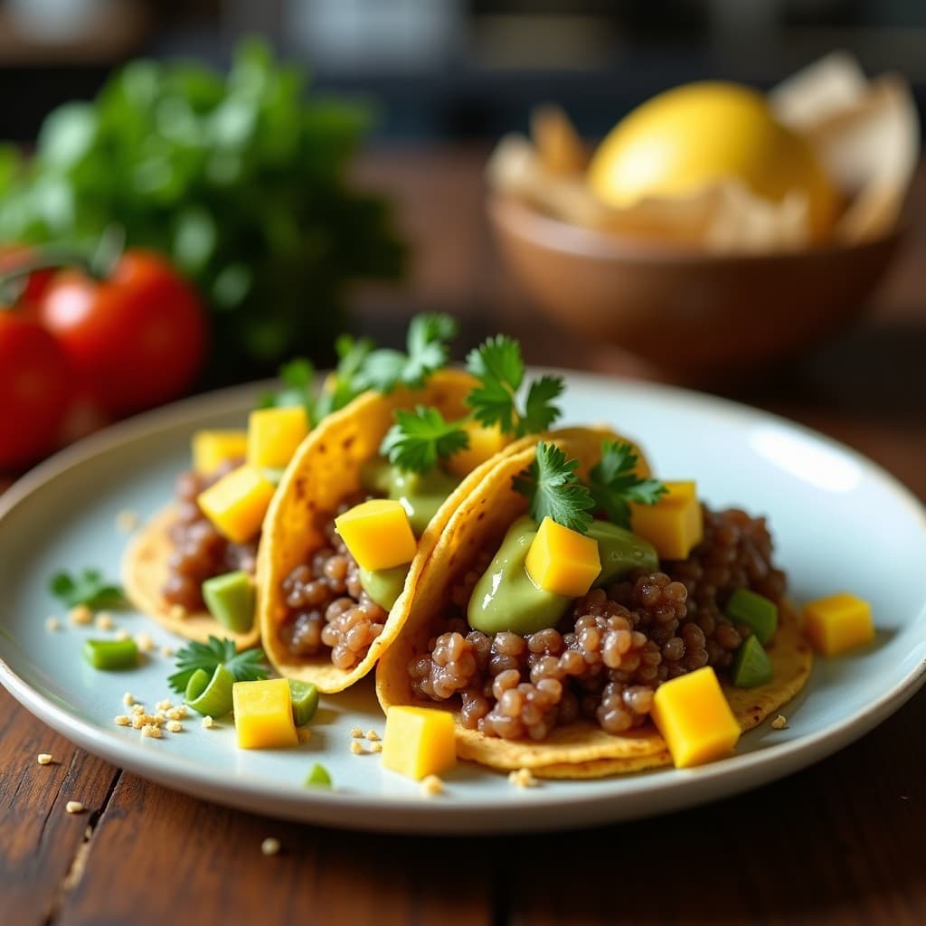 Plato colorido con tacos de algas nori rellenos de aguacate cremoso y trozos dorados de mango, decorados con semillas de sésamo y cilantro fresco, sobre un fondo de madera oscura.