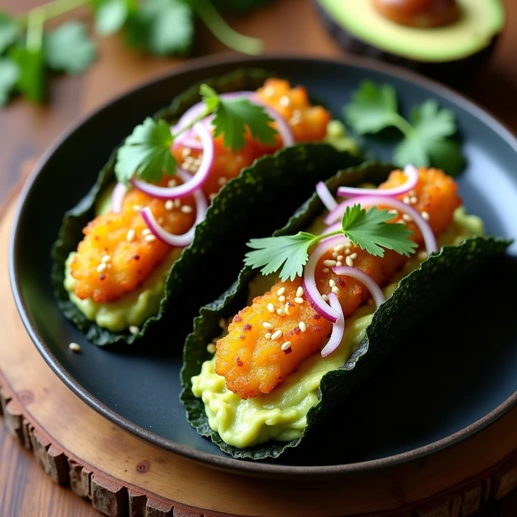 Tacos crujientes de alga nori rellenos de surimi de coliflor y aguacate cremoso, horneados en airfryer, servidos sobre una tabla de madera con semillas de sésamo y cebollino espolvoreados.