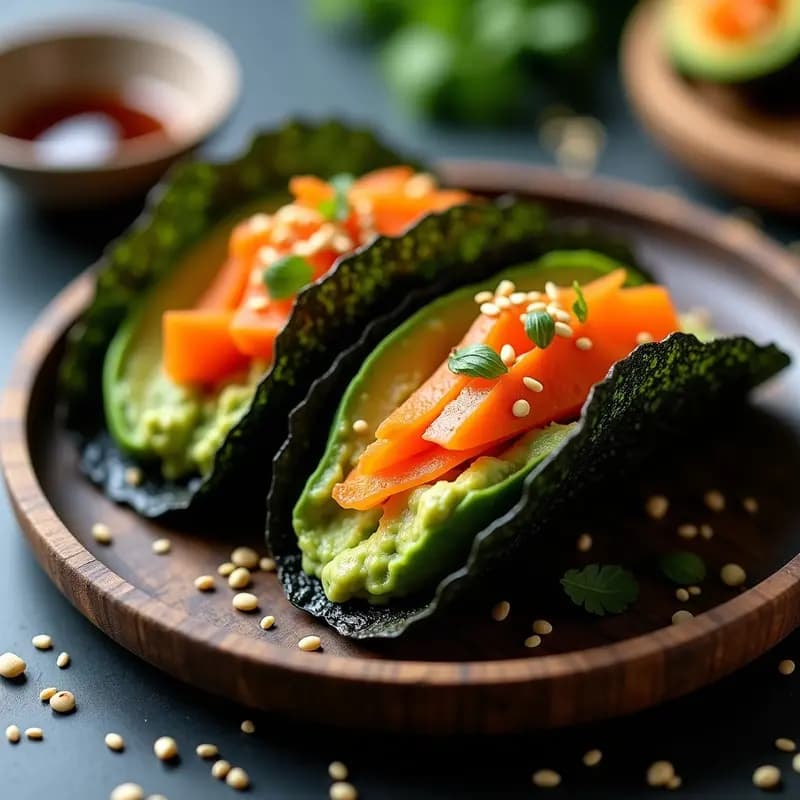 Tacos abiertos de algas nori rellenos de aguacate cremoso y surimi de zanahoria vegano, con semillas de sésamo y salsa de soja, presentados en un plato de madera sobre fondo oscuro. Receta umami explosivo.
