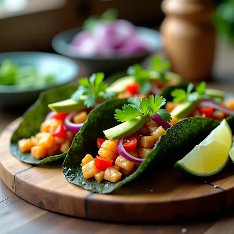 Tacos de algas nori rellenos de ceviche de jackfruit vegano, con trozos de aguacate, cebolla morada, pimiento rojo y semillas de sésamo, servidos en una bandeja de madera con limones y cilantro fresco, receta fusion japonesa-peruana.