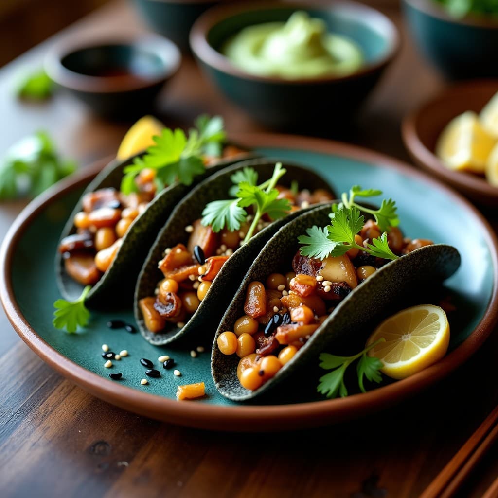 Tacos abiertos de maíz azul con base de algas nori, champiñones shimeji glaseados en salsa teriyaki, semillas de sésamo negro y cilantro fresco, servidos en plato de barro con gajos de limón yuzu y tiras de alga nori crujiente.