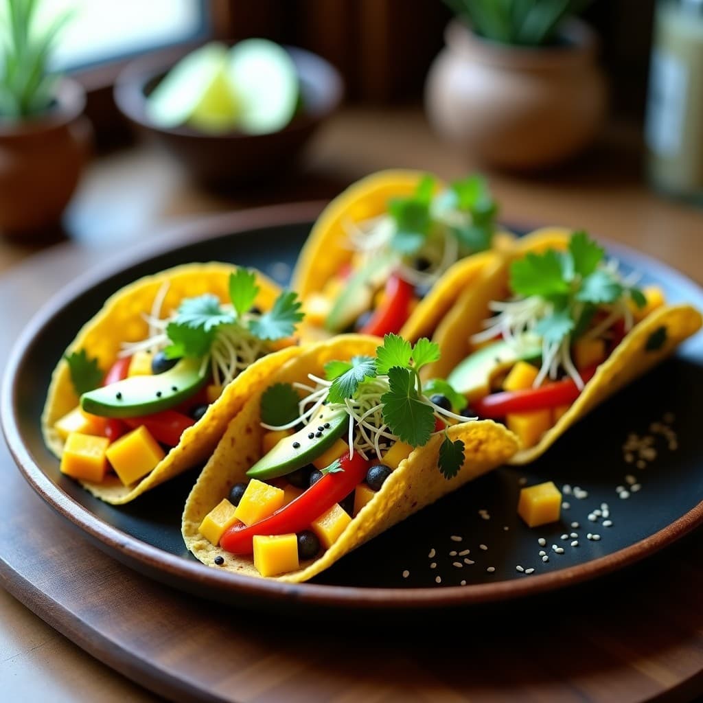 Tacos crudiveganos de algas nori crujientes rellenos de cubos de mango maduro y aguacate, decorados con semillas de sésamo negro y blanco, germinados de rábano, hojas de menta fresca y cilantro picado, servidos en un plato de madera rústico con fondo oscuro.
