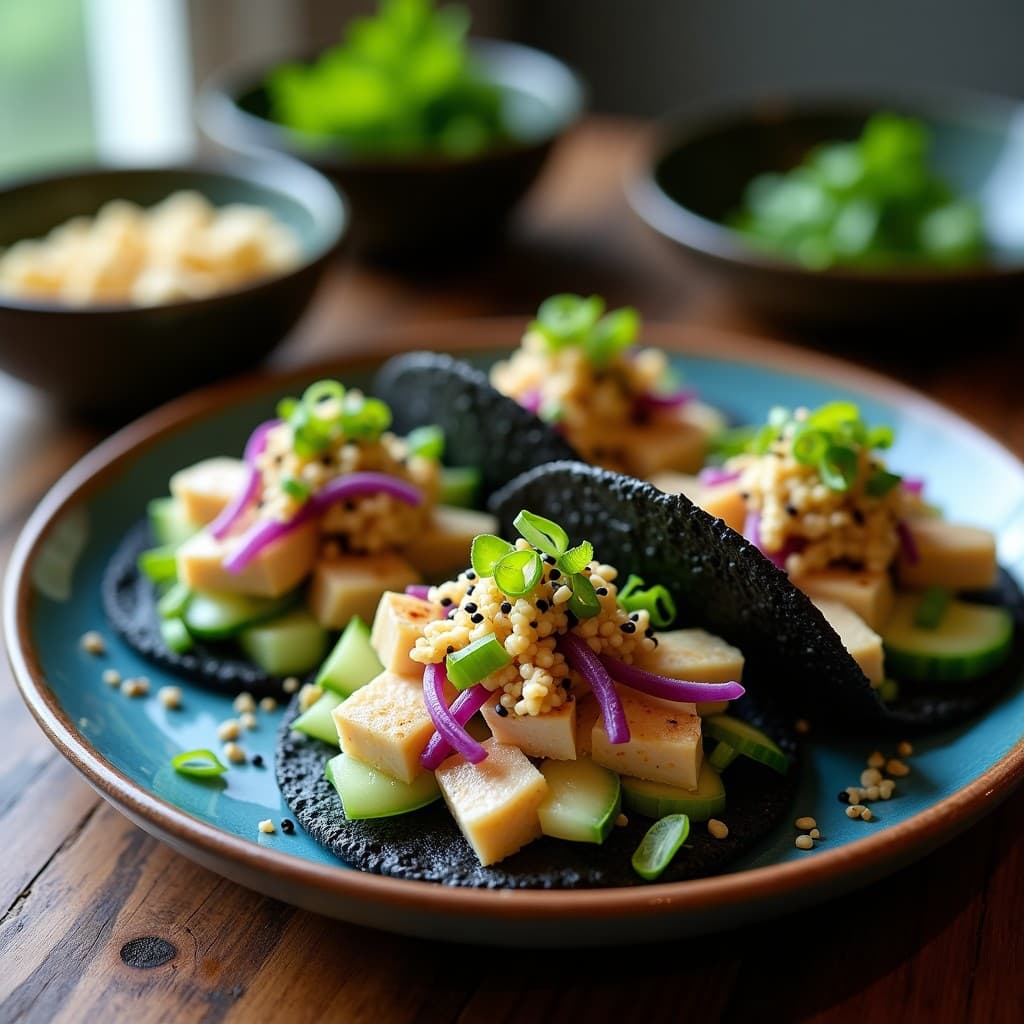 Plato de tacos abiertos de algas nori y merluza desmenuzada con salsa de yuzu, decorados con semillas de sésamo negro, cebollino y juliana de pepino y zanahoria morada sobre tortillas de maíz azul, receta japonesa alta en omega-3.